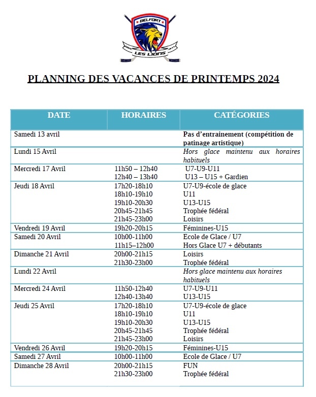 PLANNING DES VACANCES DE PRINTEMPS 2024